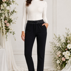 Pantaloni Damă Negri Elastici cu Detalii din Piele Ecologică, Talie Elastică și Șnur