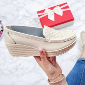 Pantofi damă bej din piele naturală cu platformă confortabilă - Img 4