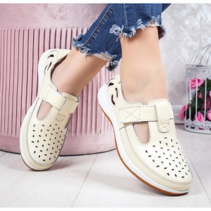 Pantofi din piele cu perforatii si talpa comoda,nuanta de bej - Img 5