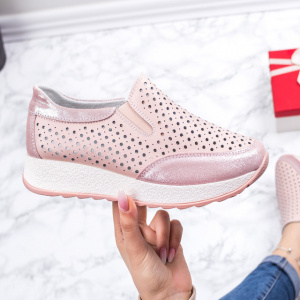 Pantofi sport damă roz din piele naturală cu perforații și talpă groasă - Img 3