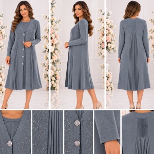 Poncho Damă Lungă Gri inchis din Lână și Acrilic – Model Tricotat Elegant cu Nasturi si cristale fine - Img 2