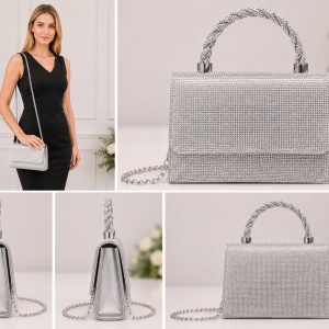 Poșetă Elegantă Argintie cu Cristale Strălucitoare și Lanț Metalic