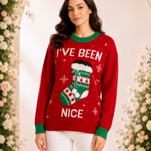 Pulover Damă de Crăciun „I’ve Been Nice” cu Ciorap Decorativ – Roșu & Verde