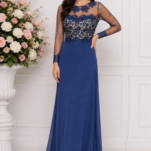Rochie albastra de seara, model lung cu broderie florala cu strasuri