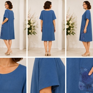 Rochie Albastră din Bumbac 100% cu Imprimeu Floral și Buzunar – Croială Lejeră - Img 2