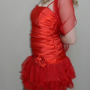 Rochie aniversara, nuanta de rosu, voal fashion aplicat - Img 4