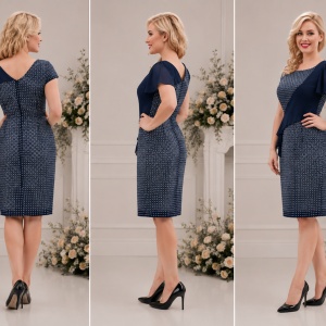 Rochie bleumarin cu imprimeu deiosebit cu alb, de lungime medie - Img 3