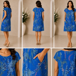 Rochie bleumarin din 100% in cu imprimeu floral și buzunare laterale - Img 2
