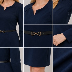 Rochie bleumarin din material gros, cu detalii din piele ecologica - Img 3