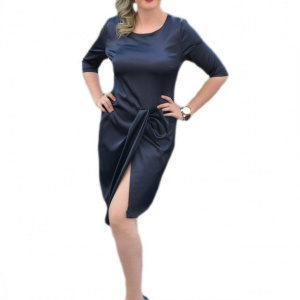 Rochie bleumarin, din saten, cambrata pe silueta - Img 1