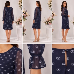 Rochie Bleumarin Elegantă cu Imprimeu și Mâneci din Voal - Img 2
