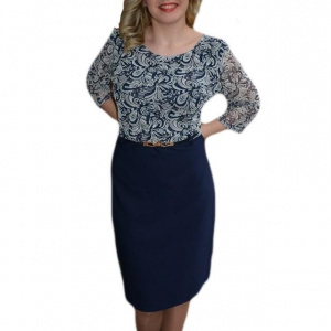 Rochie casual, bleumarin cu imprimeu alb si curea ingusta in talie - Img 1