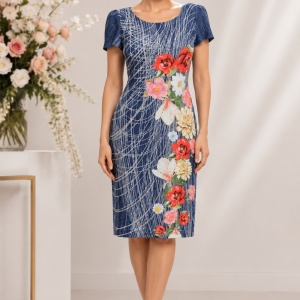 Rochie casual cu imprimeu in tesatura si design floral multicolor