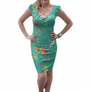 Rochie casual, cu maneca scurta, pe fond turcoaz cu imprimeul floral colorat - Img 1