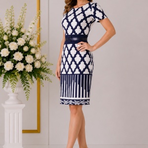 Rochie casual de vara cu imprimeu bleumarin combinat cu alb