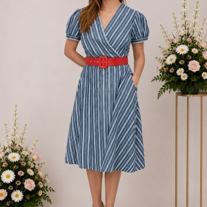 Rochie casual, in nuanta de bleumarin, cu dungi fine albe