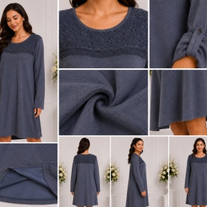 Rochie casual Leylla din tricot cu insertii de broderie,nuanta de bleumarin - Img 3