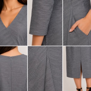 Rochie chic cu buzunare apretate si decolteu in V, nuanta de gri - Img 3