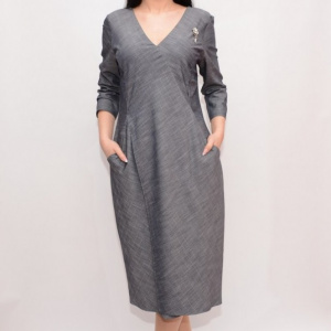 Rochie chic cu buzunare apretate si decolteu in V, nuanta de gri - Img 4