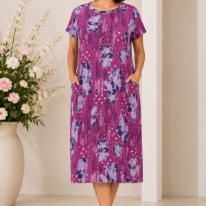 Rochie Ciclam cu Imprimeu Floral – Bumbac 95%, Croială Lejeră și Buzunare