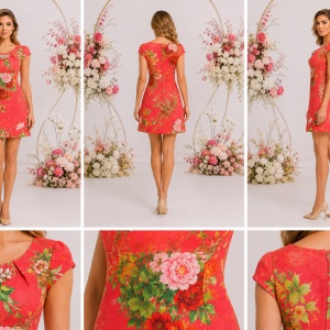 Rochie corai, elegantă cu imprimeu floral și broșă cu perle - Img 3