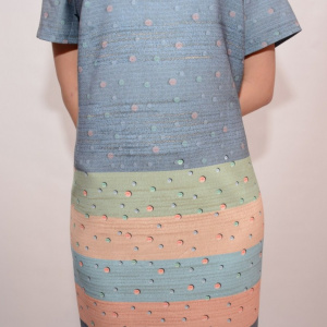 Rochie cu buline si dungi multicolore, maneca scurta, decolteu mic - Img 3