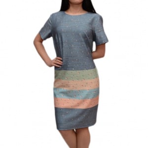 Rochie cu buline si dungi multicolore, maneca scurta, decolteu mic - Img 1