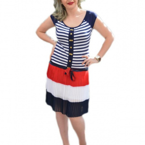 Rochie cu talie joasa , de culoare rosu-alb-bleumarin - Img 1