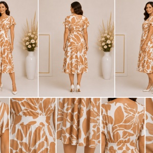 Rochie damă crem cu imprimeu floral camel – Talie evidențiată și croială fluidă - Img 2