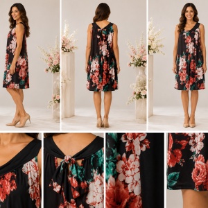 Rochie damă cu imprimeu floral multicolor și detaliu decorativ la decolteu - Img 2