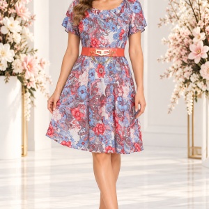 Rochie damă cu imprimeu floral-paisley, curea în talie