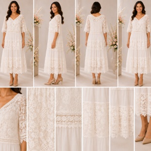Rochie damă ivory cu dantelă florală și decolteu în V - Img 2