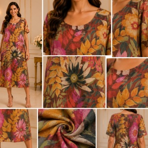Rochie damă multicolora tonuri ruginii cu imprimeu floral și croială vaporoasă in A - Img 3
