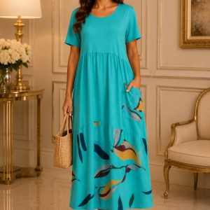 Rochie damă turcoaz, lejeră cu imprimeu colorat și buzunar decorativ
