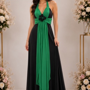 Rochie de gala aparte, lungime maxi, model negru combinat cu verde