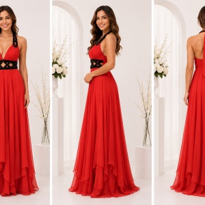 Rochie de gala moderna, in nuanta de rosu aprins, cu insertii negre - Img 5