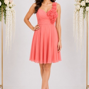 Rochie de gala, nuanta de corai, inchidere cu fermoar clasic