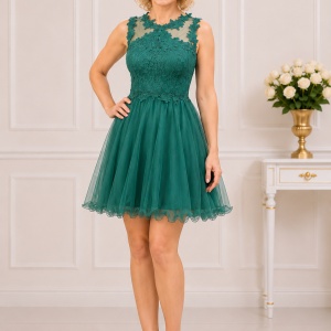 Rochie de nunta cu croi evazat, cu tul, nuanta de verde inchis