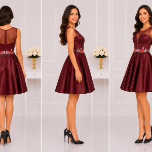 Rochie de ocazie cu broderie florala aplicata, nuanta de visiniu - Img 2