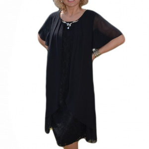 Rochie de ocazie din dantela si voal, neagra, maneca scurta - Img 1