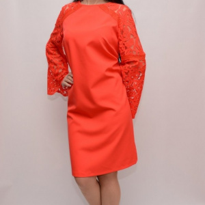Rochie de ocazie in nuanta de corai, material elastic si dantela - Img 5