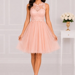 Rochie de ocazie in nuanta de piersica cu dantela si broderie