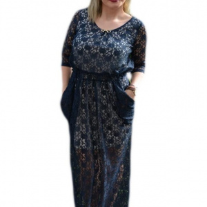 Rochie de ocazie lunga, cu captuseala scurta si dantela bleumarin - Img 1