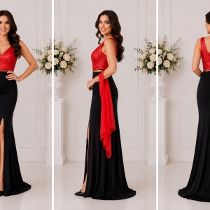 Rochie de ocazie lunga, de culoare rosie, cu broderie abstracta - Img 3