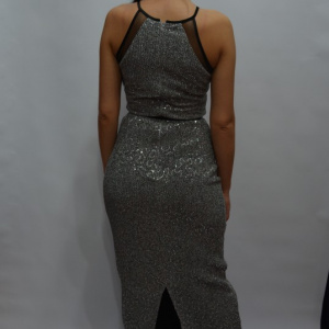 Rochie de ocazie, model lung cu design de paiete mici, argintie - Img 4