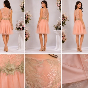 Rochie de Ocazie Piersică cu Broderie Aurie, Flori 3D și Fustă din Tulle - Img 2