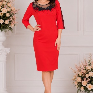 Rochie de ocazie, rosie, cu insertii de margele si strasuri aplicate