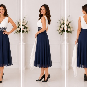 Rochie de seara, de lungime medie, bleumarin cu alb - Img 4