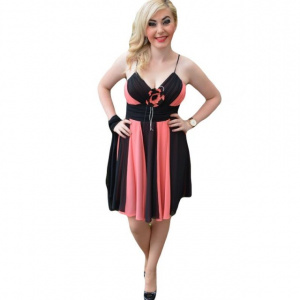 Rochie de seara deosebita, in nuante de corai si negru, in dungi late - Img 1