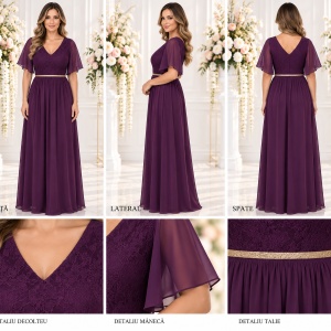Rochie de seara deosebita, mov, din voal combinat cu dantela - Img 2
